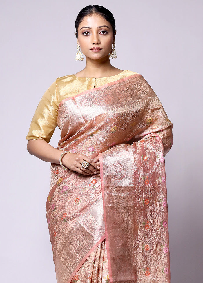 Peach Tissue Silk Saree With Blouse Piece