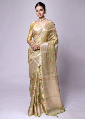 Green Crushed Tissue Silk Saree With Blouse Piece