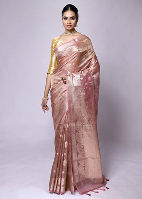 Peach Crushed Tissue Silk Saree With Blouse Piece