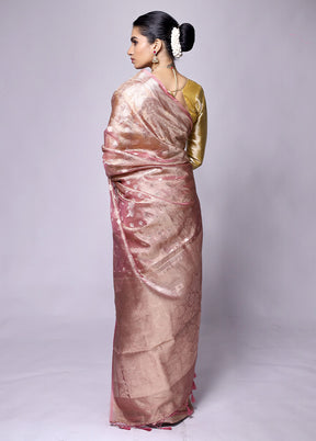 Peach Crushed Tissue Silk Saree With Blouse Piece