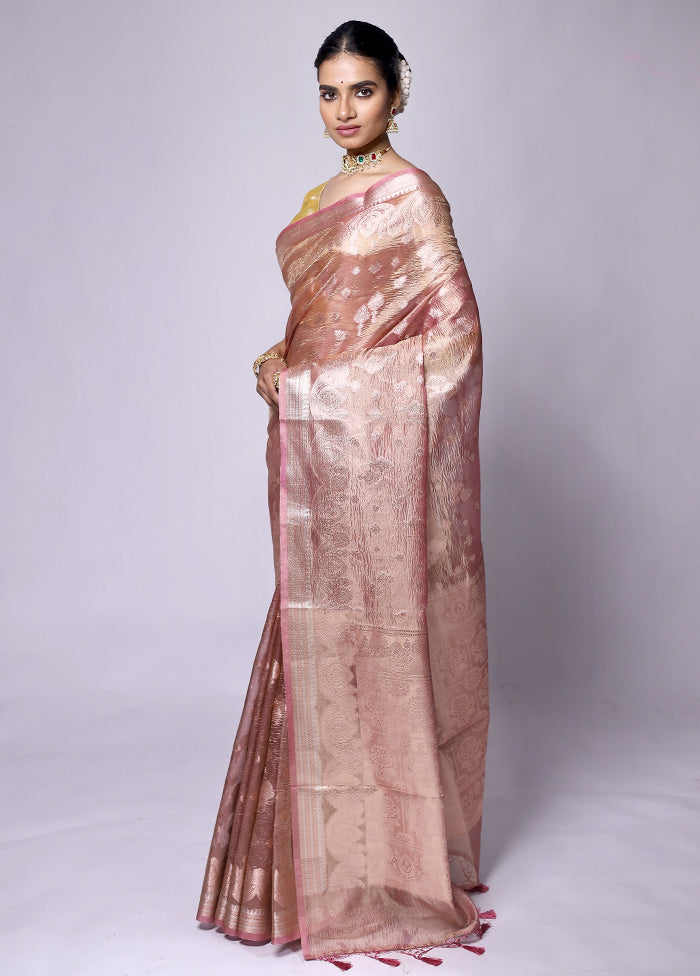 Peach Crushed Tissue Silk Saree With Blouse Piece