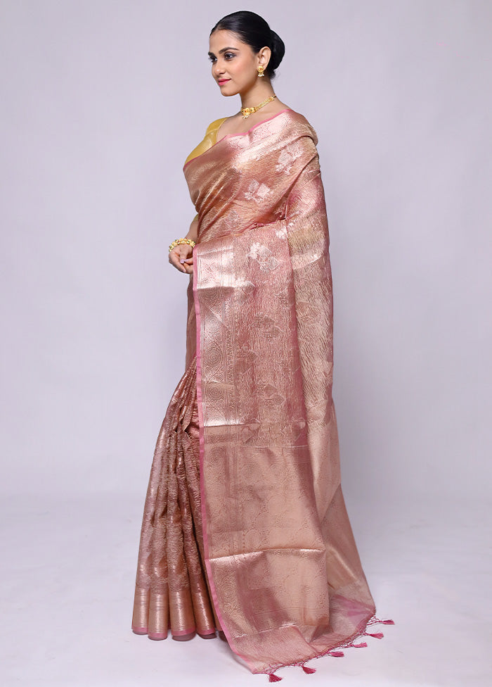 Pink Crushed Tissue Silk Saree With Blouse Piece