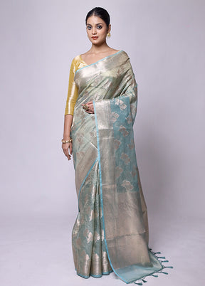 Blue Crushed Tissue Silk Saree With Blouse Piece