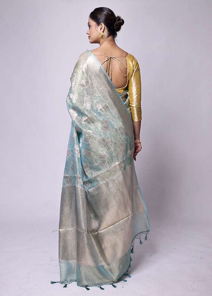 Blue Crushed Tissue Silk Saree With Blouse Piece