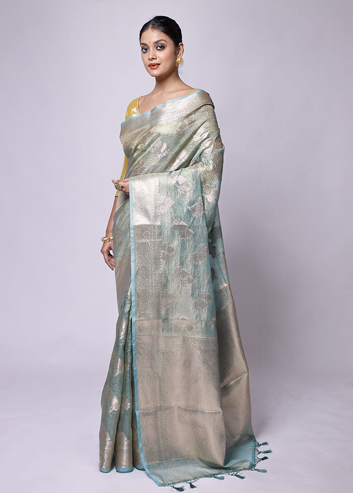 Blue Crushed Tissue Silk Saree With Blouse Piece