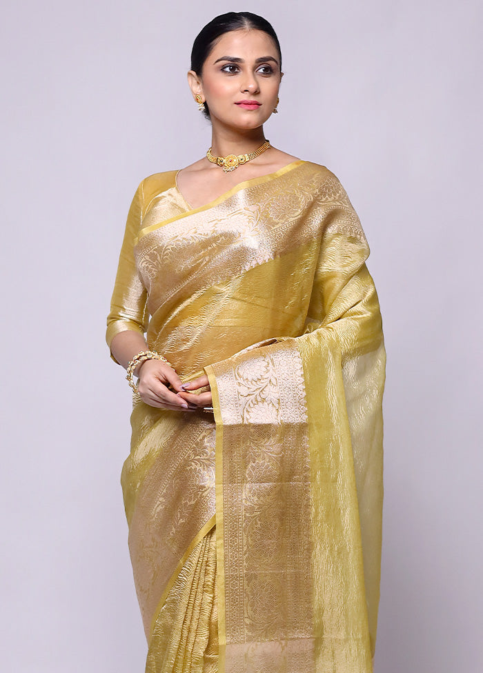 Yellow Crushed Tissue Silk Saree With Blouse Piece