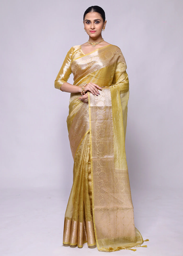 Yellow Crushed Tissue Silk Saree With Blouse Piece