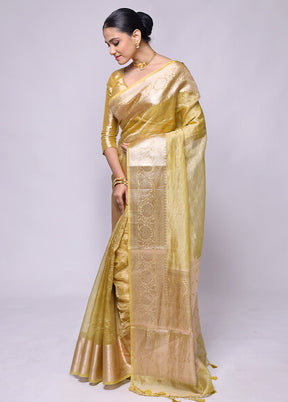 Yellow Crushed Tissue Silk Saree With Blouse Piece