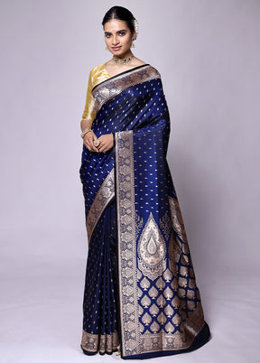 Blue Banarasi Silk Saree With Blouse Piece