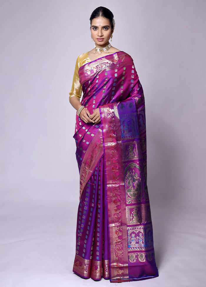 Purple Handloom Baluchari Pure Silk Saree With Blouse Piece