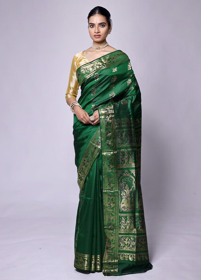 Green Handloom Baluchari Pure Silk Saree With Blouse Piece