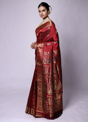 Red Handloom Baluchari Pure Silk Saree With Blouse Piece