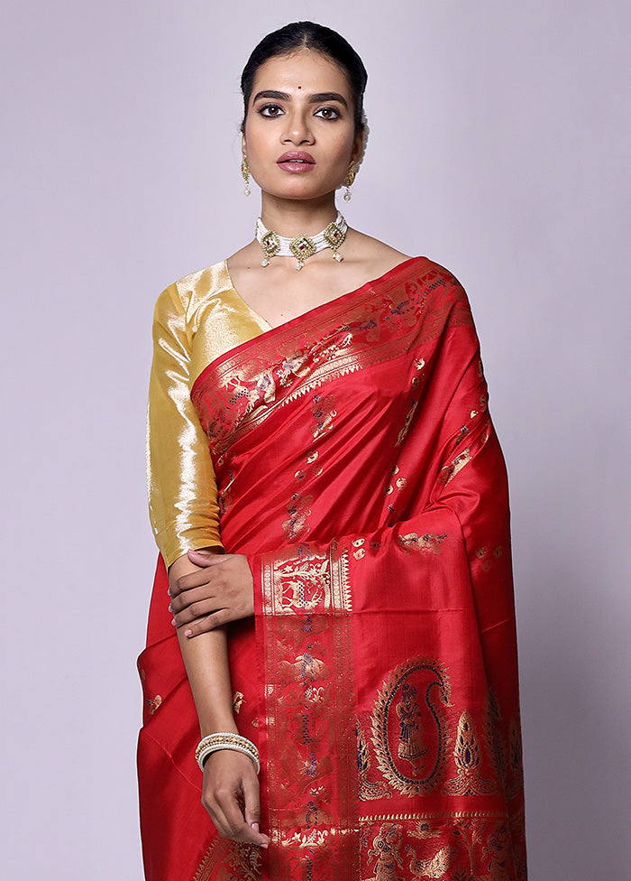 Red Handloom Baluchari Pure Silk Saree With Blouse Piece