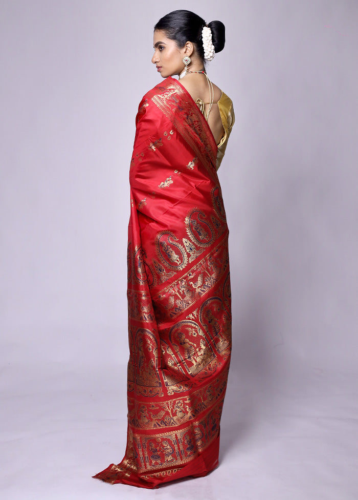 Red Handloom Baluchari Pure Silk Saree With Blouse Piece