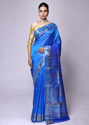 Blue Handloom Baluchari Pure Silk Saree With Blouse Piece