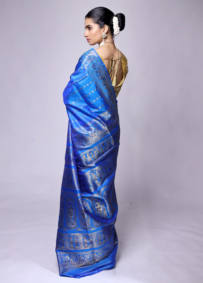 Blue Handloom Baluchari Pure Silk Saree With Blouse Piece