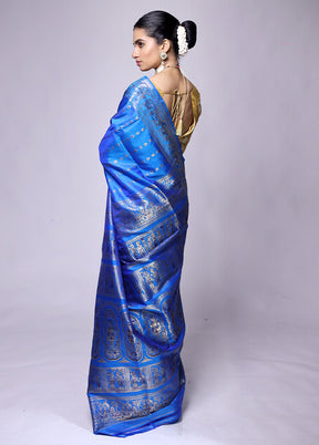 Blue Handloom Baluchari Pure Silk Saree With Blouse Piece