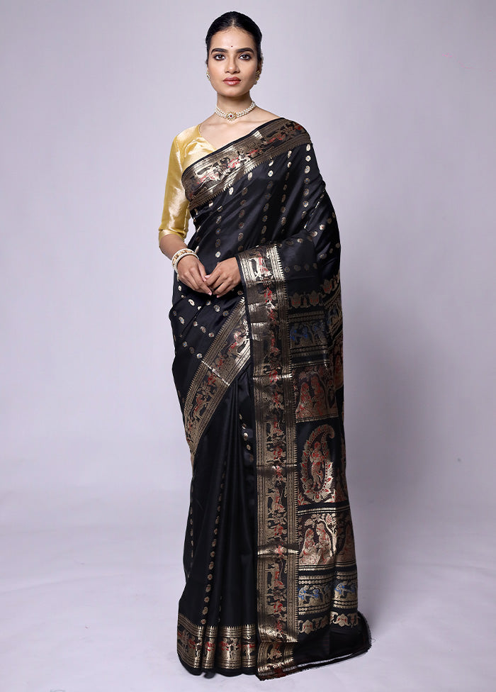 Black Handloom Baluchari Pure Silk Saree With Blouse Piece