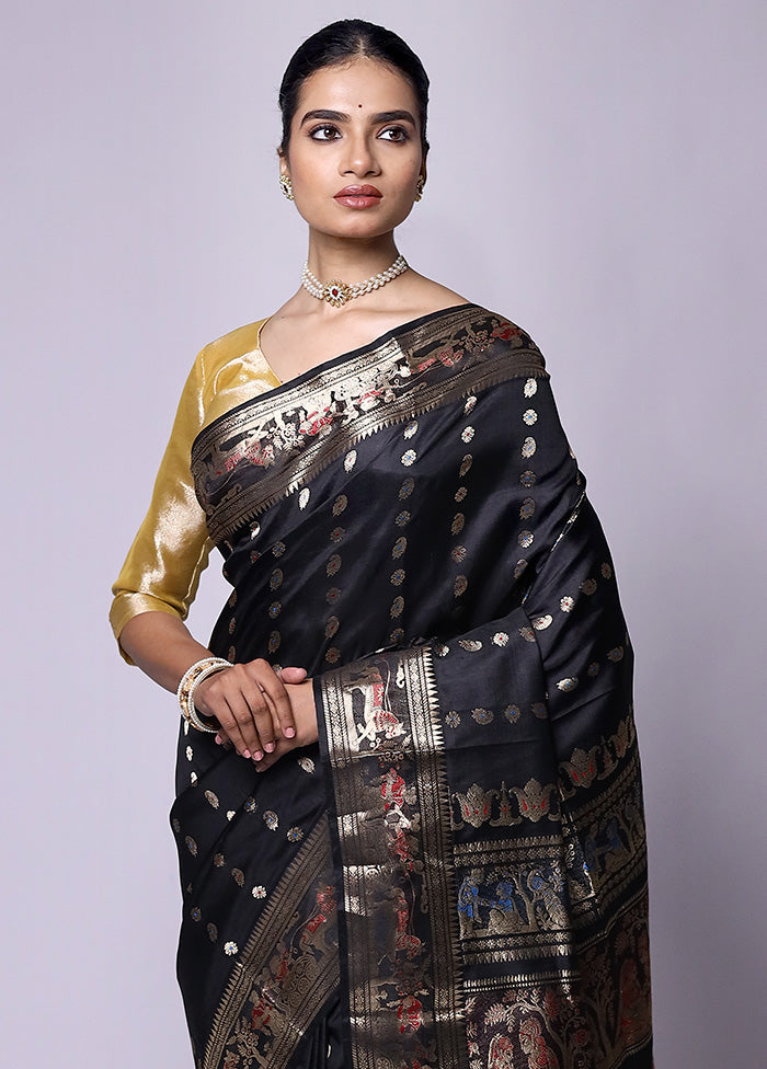 Black Handloom Baluchari Pure Silk Saree With Blouse Piece