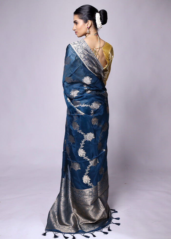 Blue Dupion Silk Saree With Blouse Piece