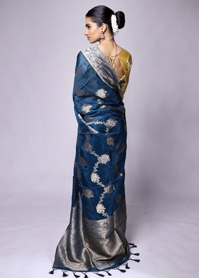 Blue Dupion Silk Saree With Blouse Piece