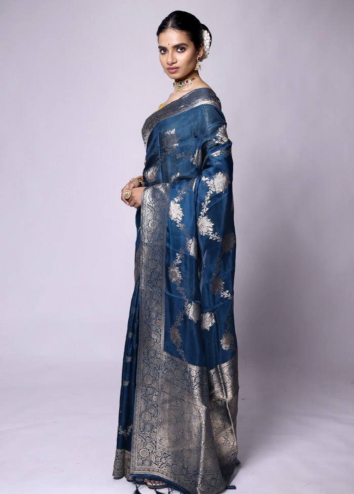 Blue Dupion Silk Saree With Blouse Piece