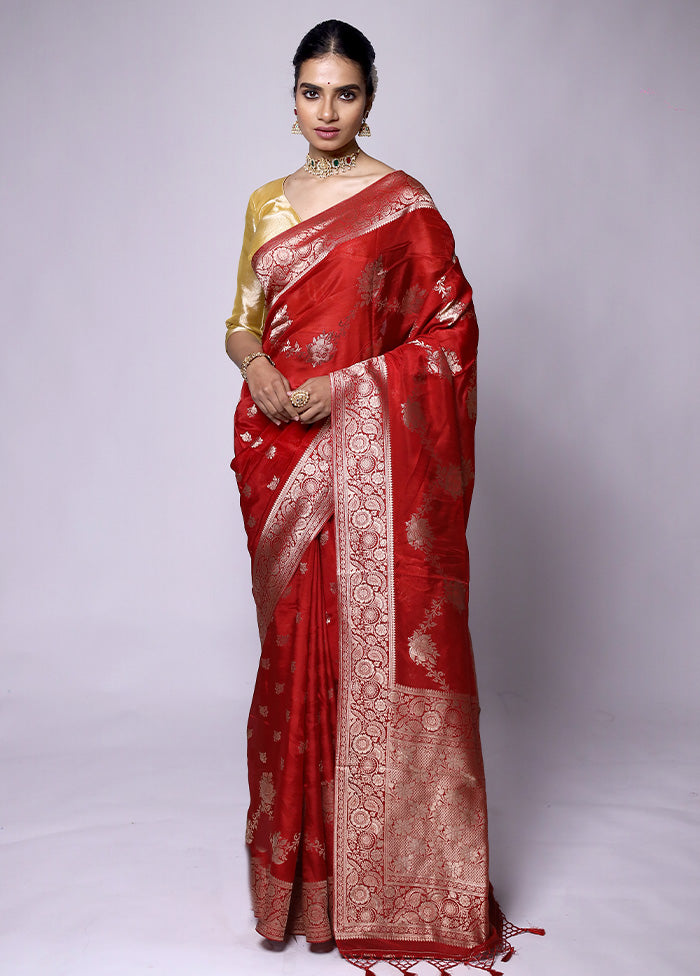 Red Dupion Silk Saree With Blouse Piece