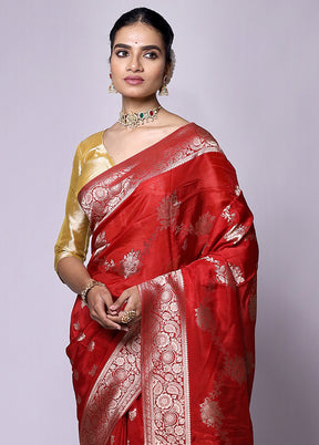 Red Dupion Silk Saree With Blouse Piece