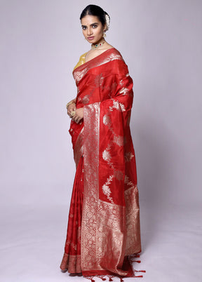 Red Dupion Silk Saree With Blouse Piece