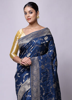 Blue Dupion Silk Saree With Blouse Piece