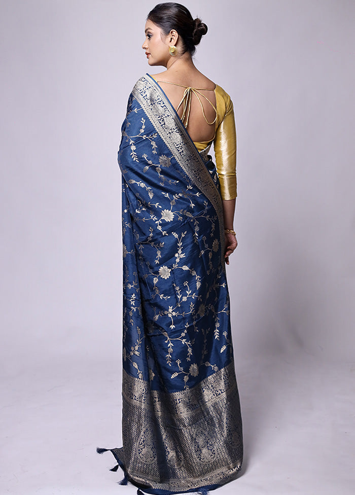 Blue Dupion Silk Saree With Blouse Piece