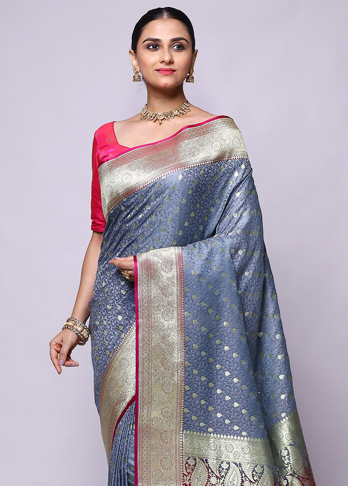 Grey Tanchoi Silk Saree With Blouse Piece