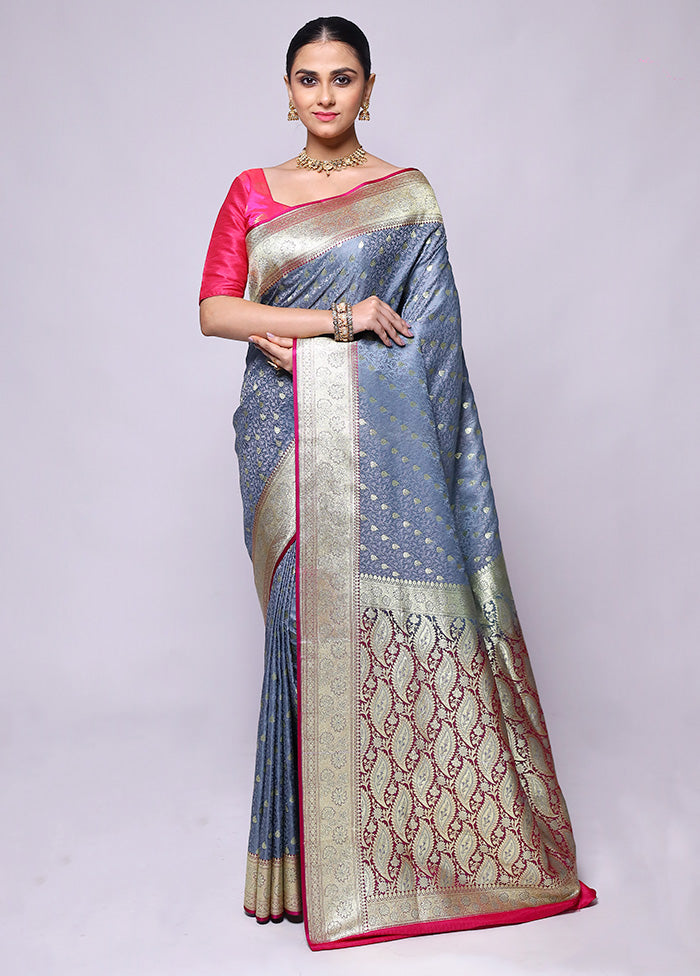 Grey Tanchoi Silk Saree With Blouse Piece