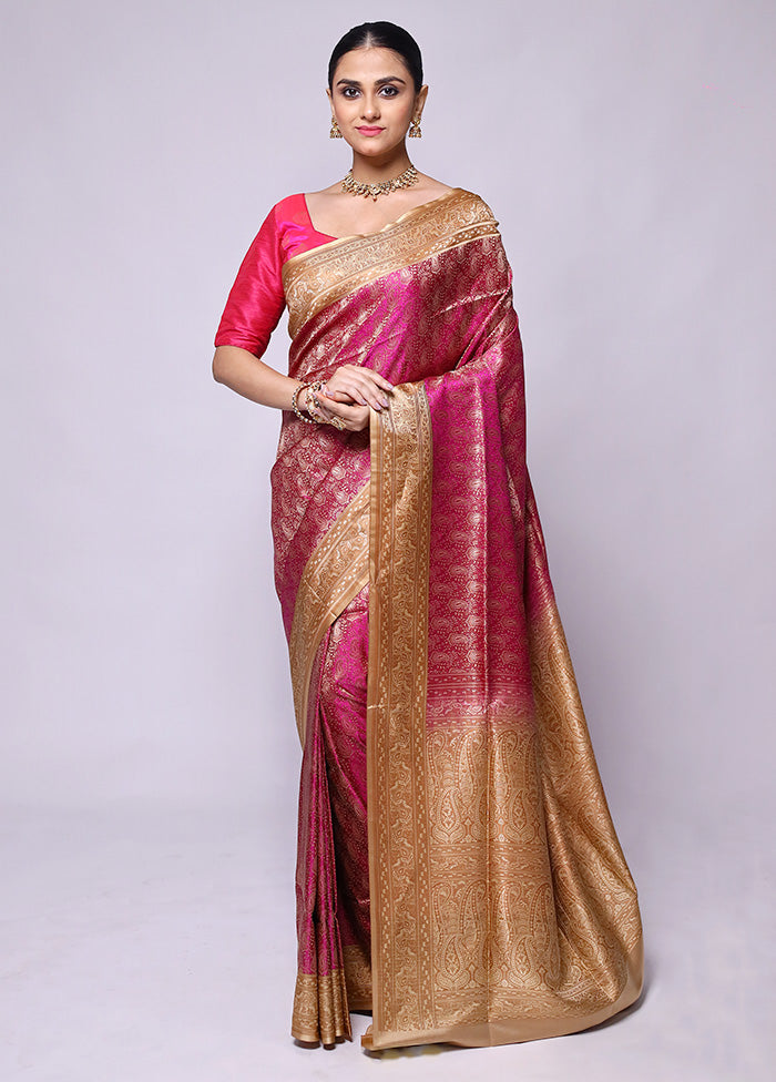 Pink Jamewar Silk Saree With Blouse Piece