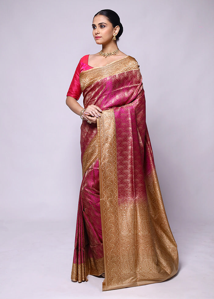 Pink Jamewar Silk Saree With Blouse Piece