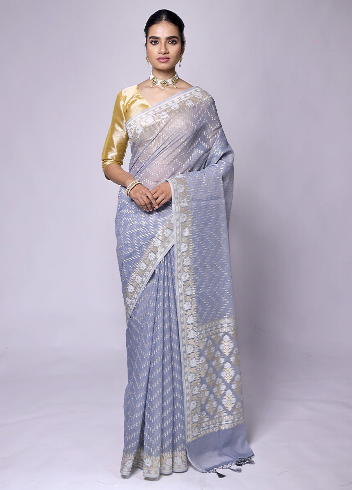 Blue Kora Silk Saree With Blouse Piece