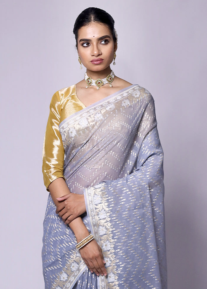 Blue Kora Silk Saree With Blouse Piece