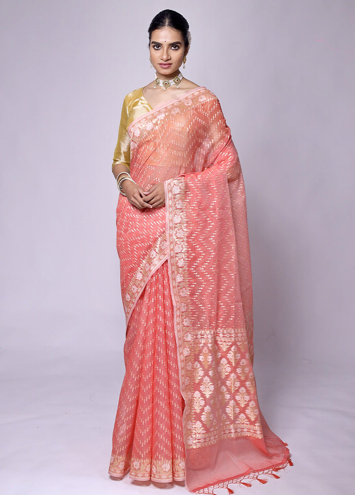 Peach Kora Silk Saree With Blouse Piece