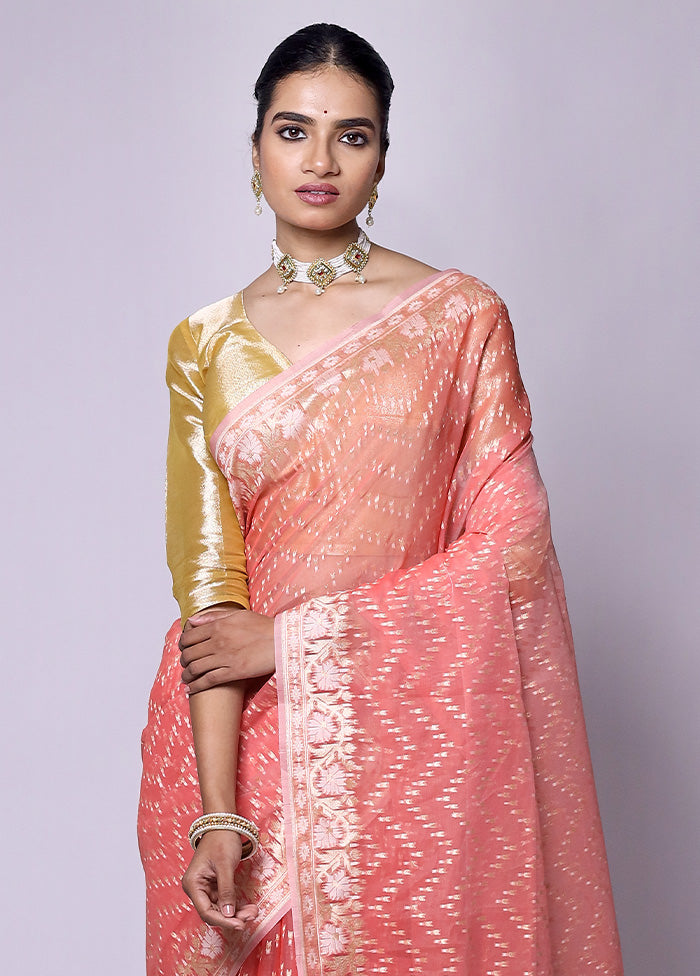 Peach Kora Silk Saree With Blouse Piece