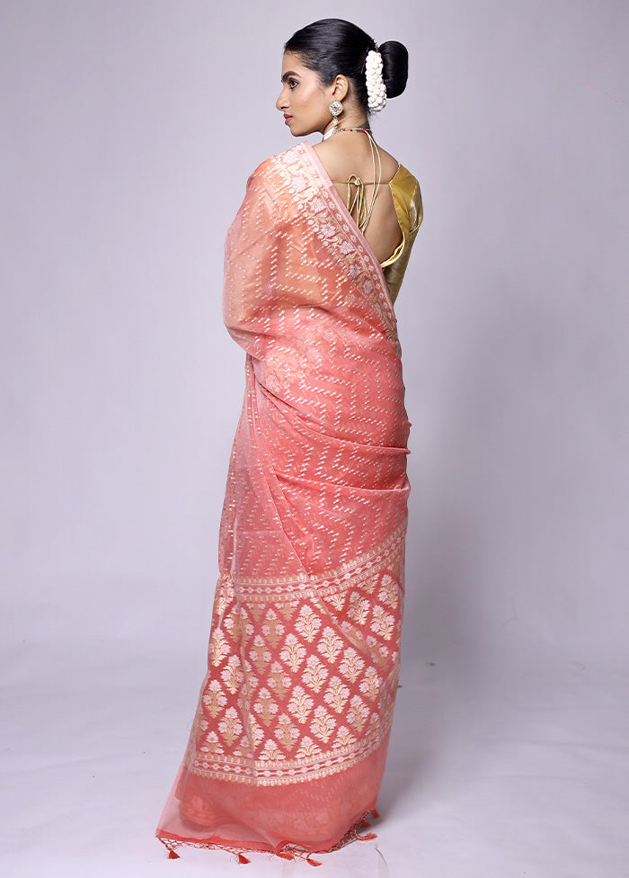 Peach Kora Silk Saree With Blouse Piece