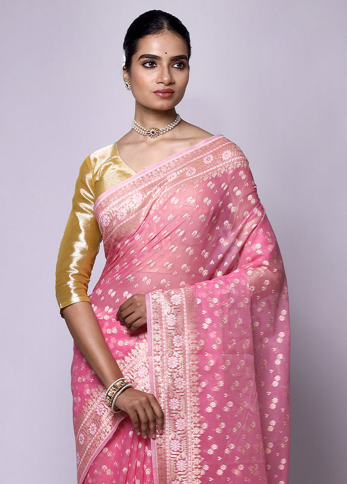 Pink Kora Silk Saree With Blouse Piece