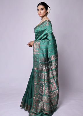 Green Handloom Baluchari Pure Silk Saree With Blouse Piece