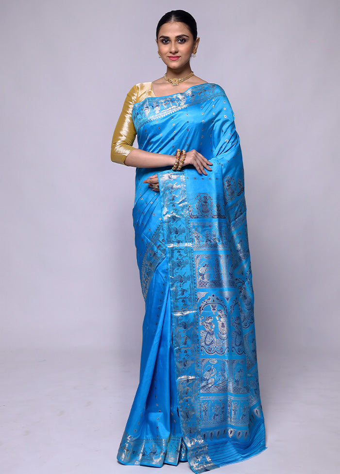 Blue Handloom Baluchari Pure Silk Saree With Blouse Piece