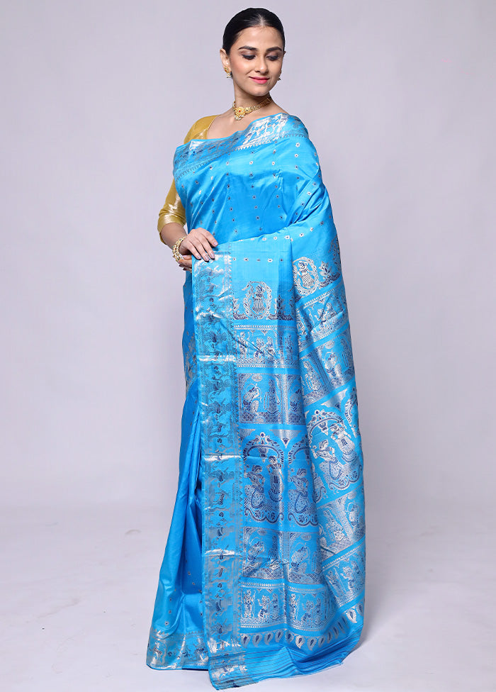 Blue Handloom Baluchari Pure Silk Saree With Blouse Piece