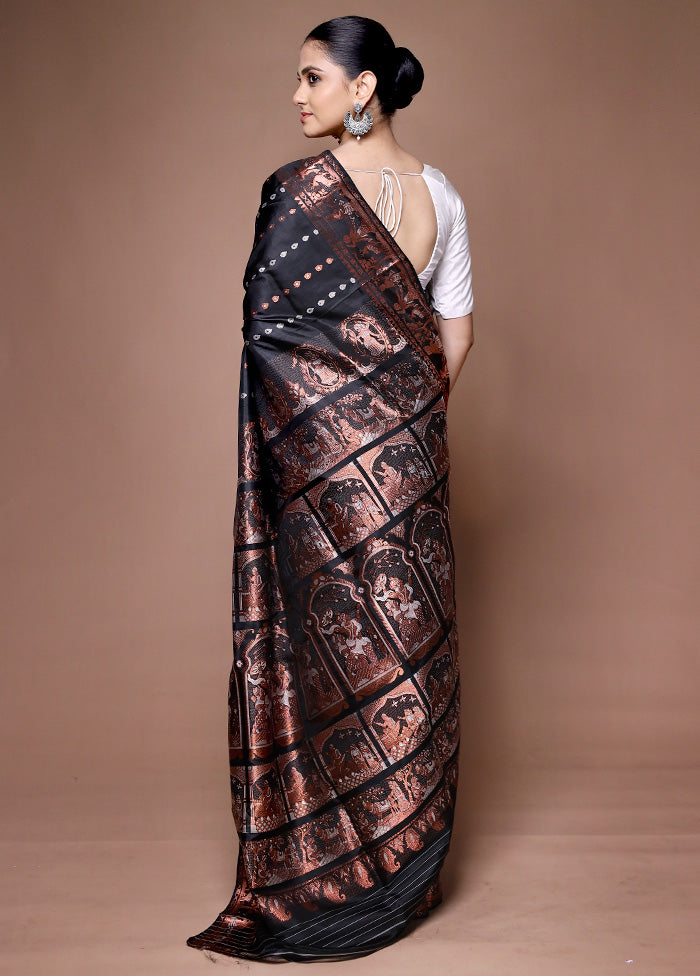 Black Handloom Baluchari Pure Silk Saree With Blouse Piece