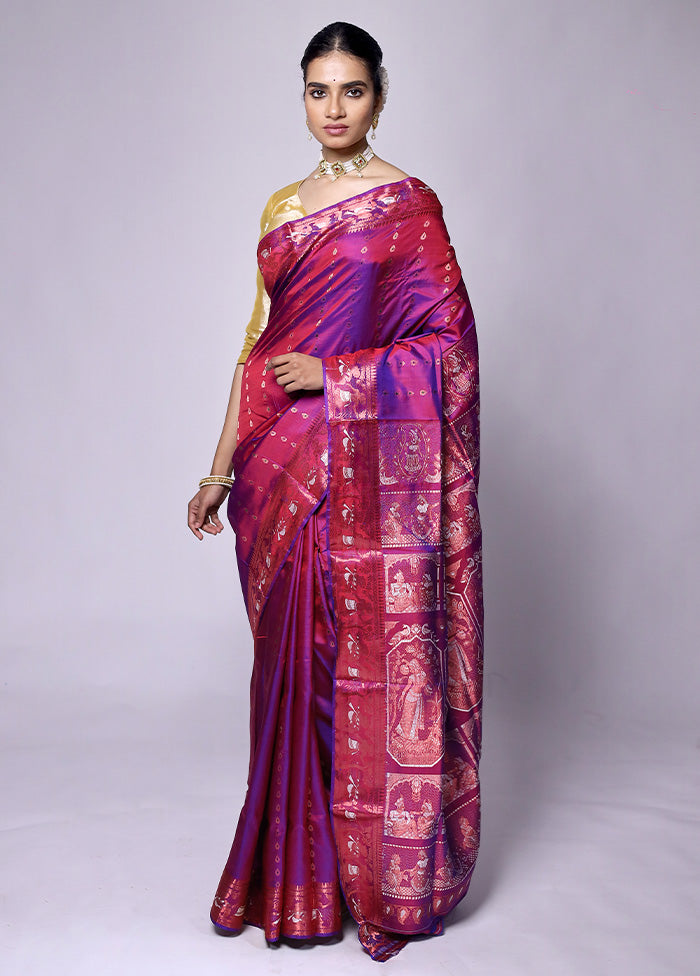 Purple Handloom Baluchari Pure Silk Saree With Blouse Piece