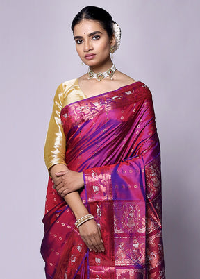 Purple Handloom Baluchari Pure Silk Saree With Blouse Piece