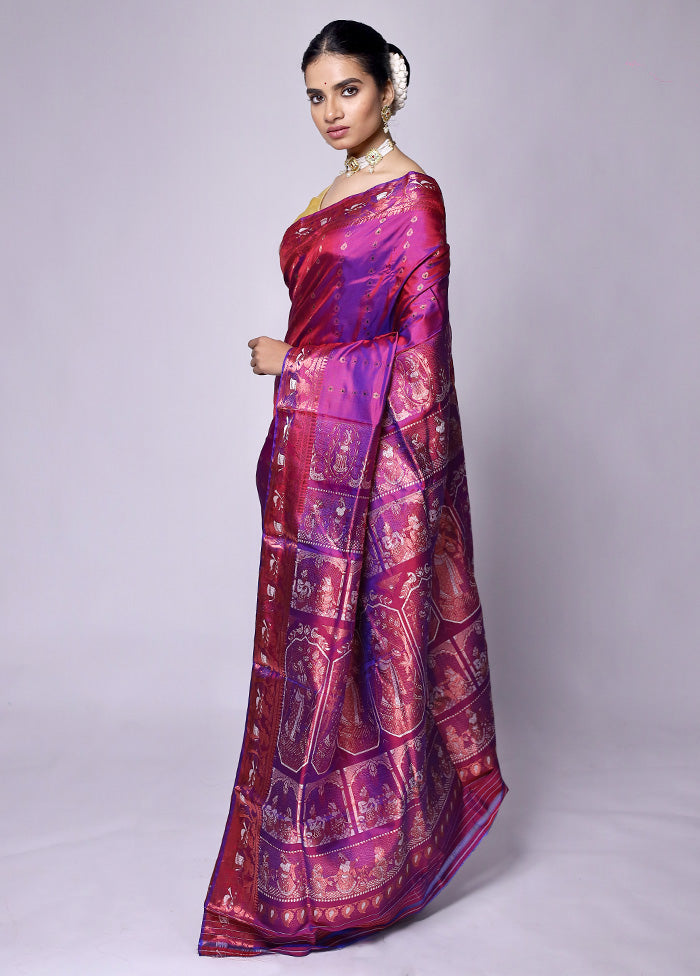 Purple Handloom Baluchari Pure Silk Saree With Blouse Piece