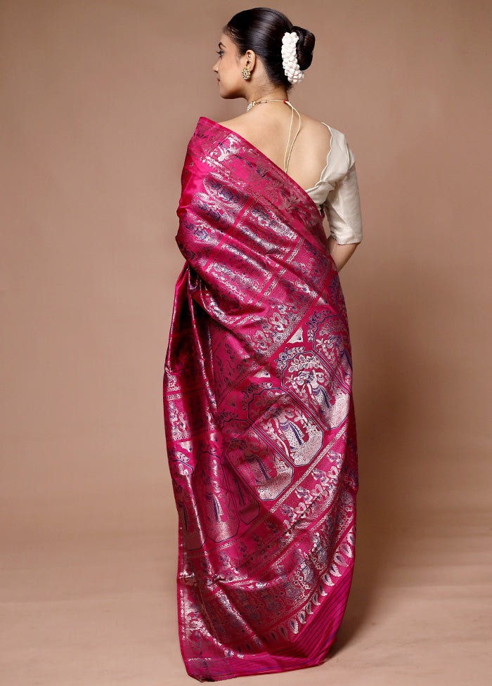 Pink Handloom Baluchari Pure Silk Saree With Blouse Piece