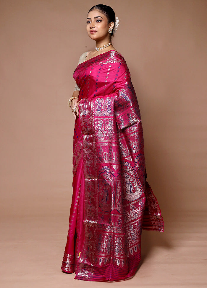 Pink Handloom Baluchari Pure Silk Saree With Blouse Piece